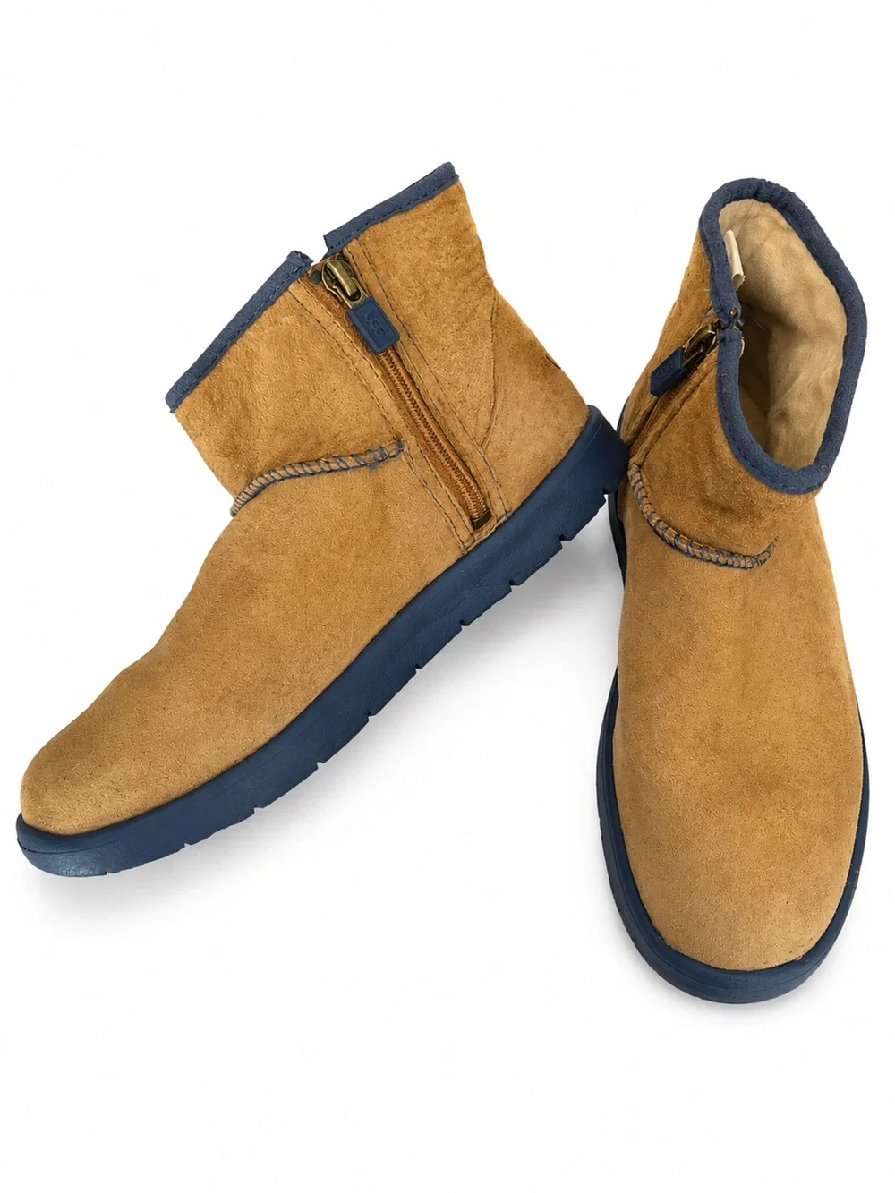 UGG Tan Suede Ankle Boots with Navy Trim